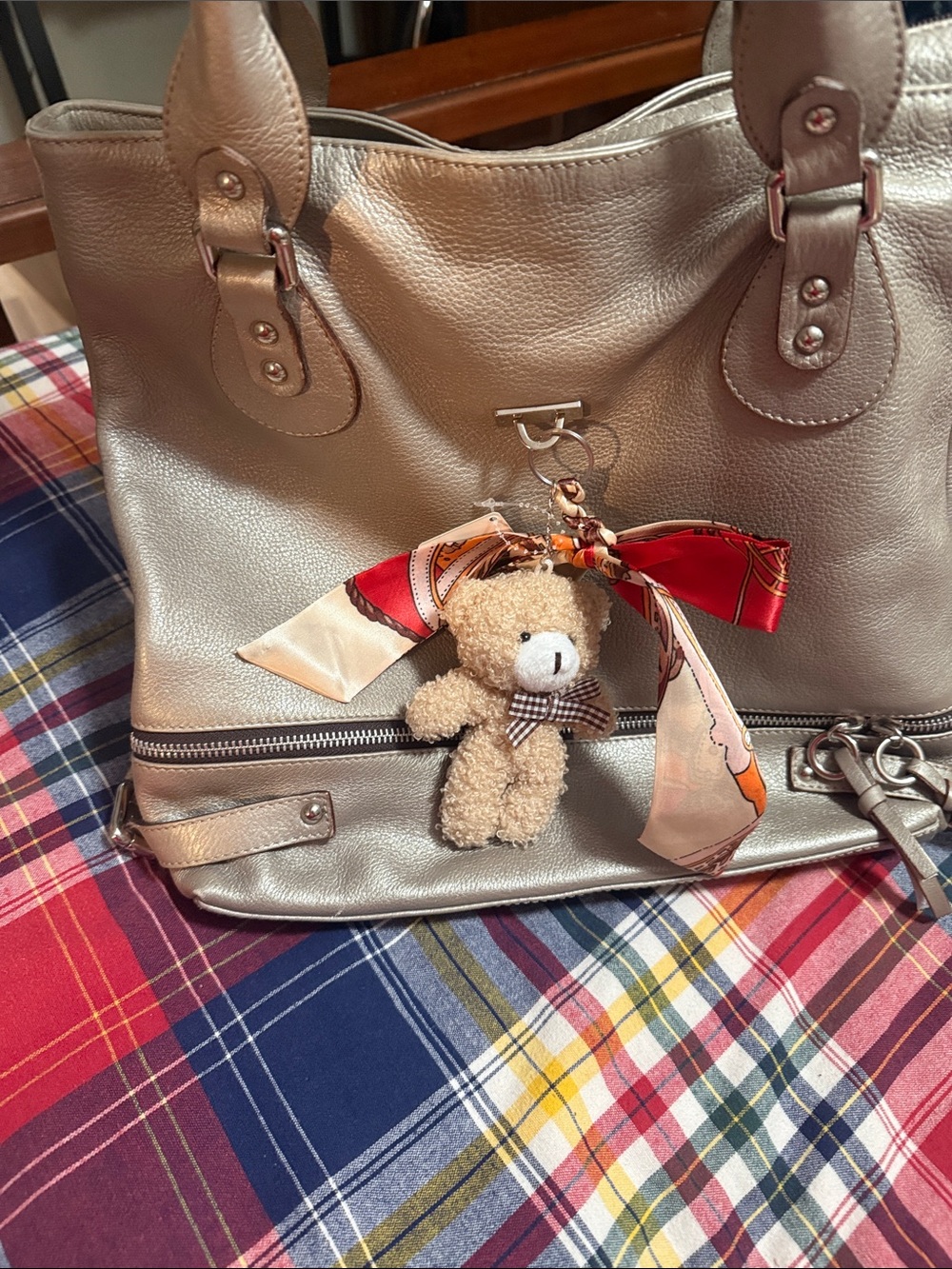 Taupe Leather Tote Bag with Front Zip Pocket
